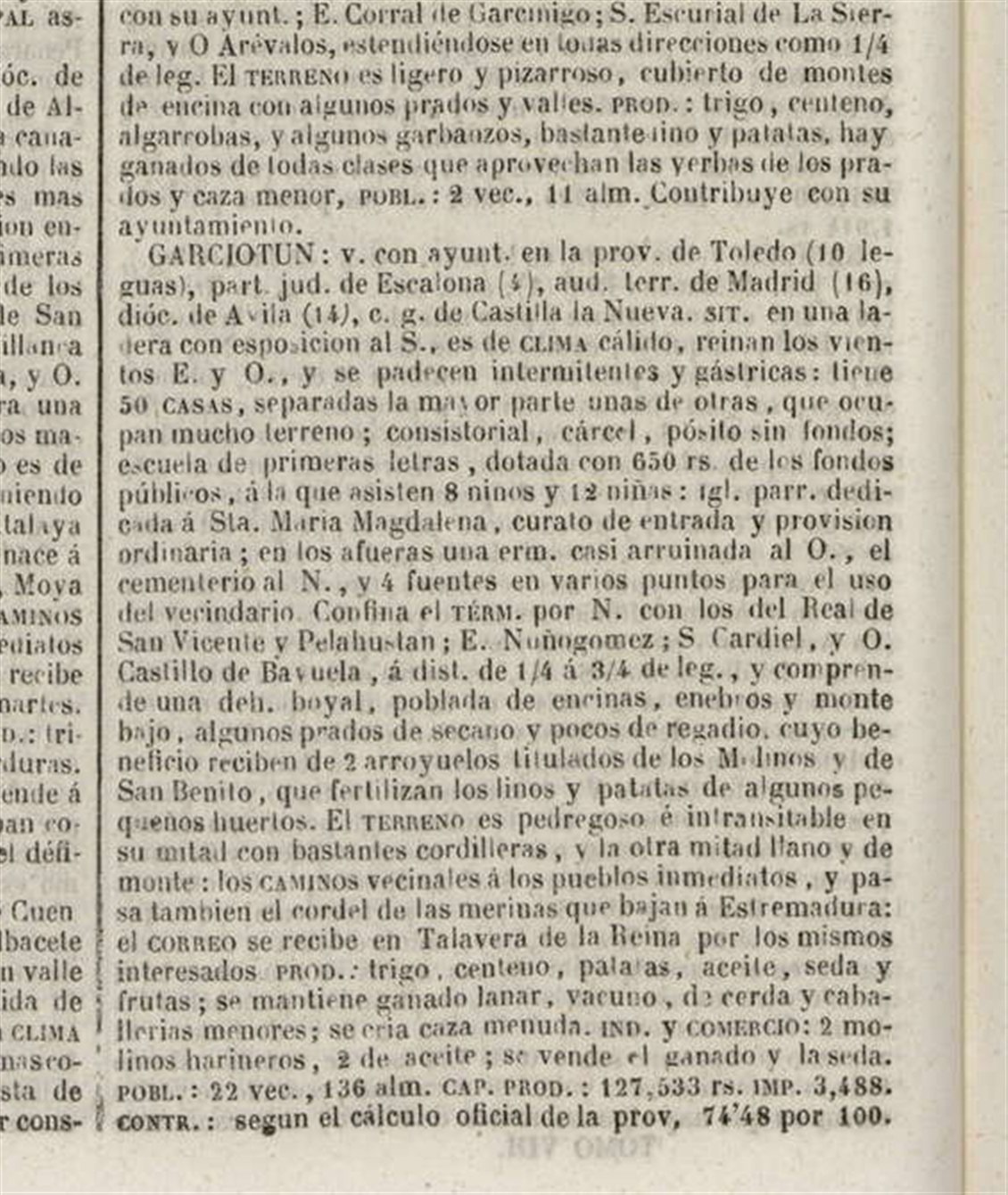Página del Diccionario geográfico-estadístico-histórico de Pascual Madoz con la entrada dedicada a Garciotún, impresa en 1847