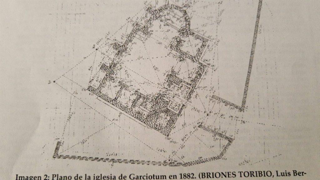 Plano arquitectónico histórico de la Iglesia de Garciotum, realizado en 1882