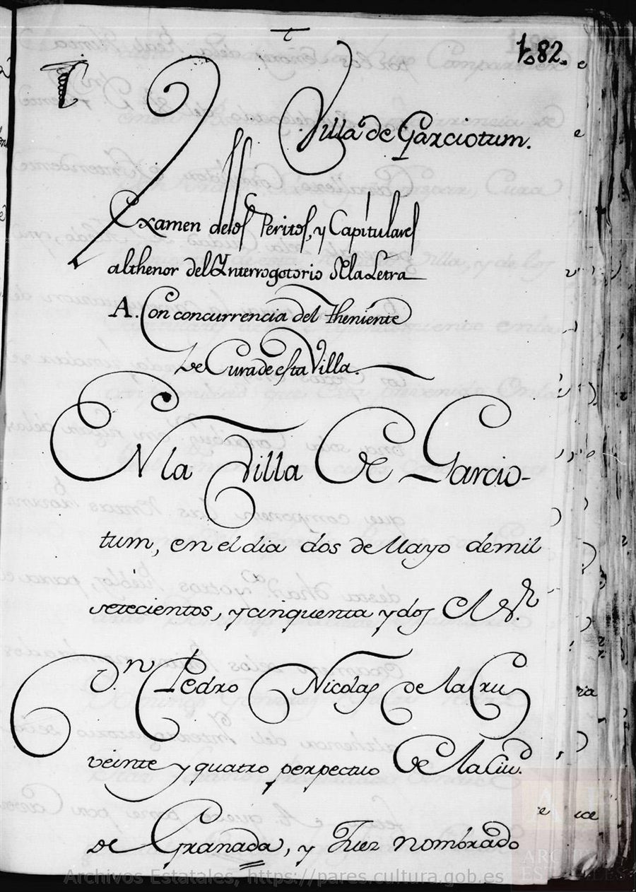 Primera página manuscrita del legajo del Catastro de Ensenada de Garciotún, con el encabezamiento del examen de peritos, fechado el 2 de mayo de 1752