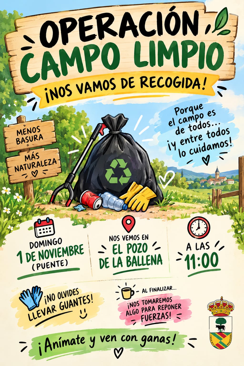 Cartel de la «Operación Campo Limpio» de Garciotum: recogida de basura en el campo el domingo 1 de noviembre (puente), a las 11:00, con encuentro en el Pozo de la Ballena. Conviene llevar guantes y, al finalizar, se toma algo para reponer fuerzas.