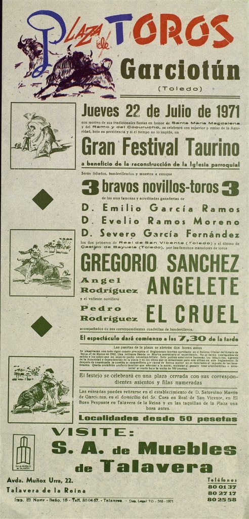 Cartel del festival taurino de Garciotum de 1971, a beneficio de la reconstrucción de la iglesia parroquial